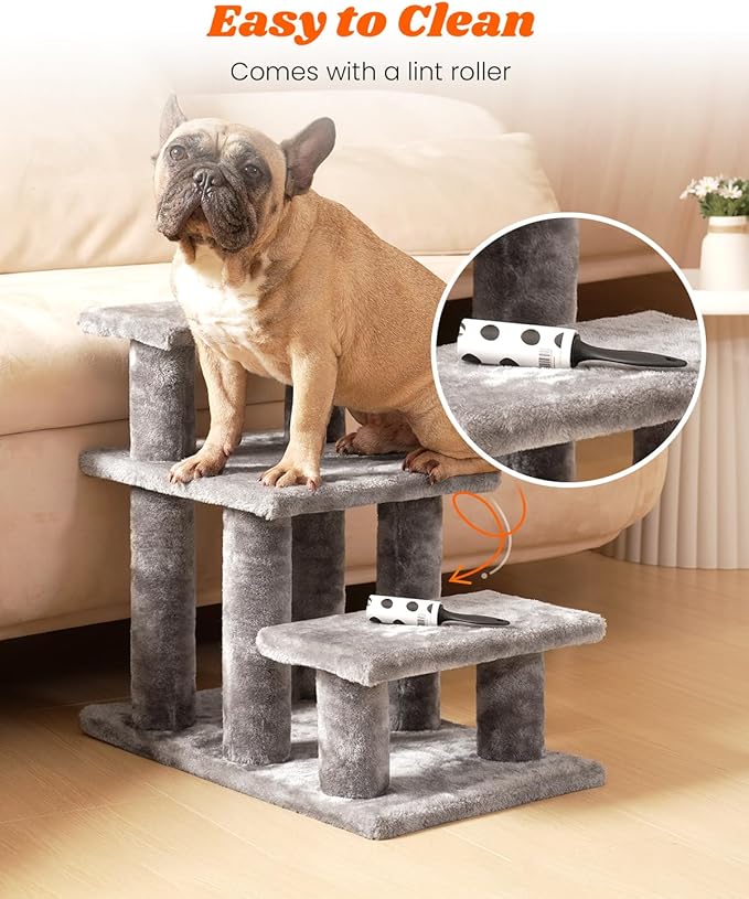 Pawque Dog Stairs for Small Dogs Old Cats, Pet Steps with High-Strength Boards and Plush Posts for High Beds Couch, Stable and Sturdy Pet Stairs, 3 Combination Options, 3 Steps-Grey