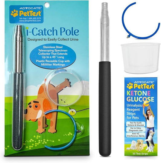 PetTest Pet Ketone and Glucose Test Strips with Urine Catcher Telescoping Pole - 50 Strips for Fast Urine Testing of Cats & Dogs with Extendable Urine Catcher up to 45" - Home kit for Pet Ketone Level