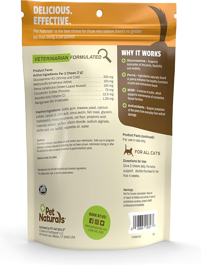 Pet Naturals Hip and Joint Support Supplement for Cats, 30 Chews - Glucosamine, Chondroitin and MSM for Cats