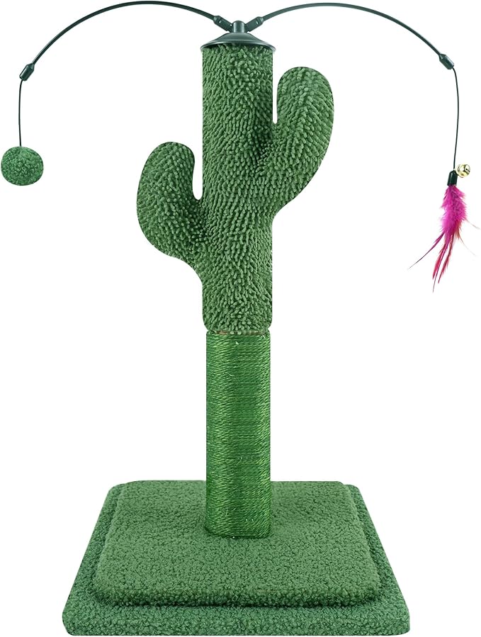 23.6" Cat Scratching Post, Cactus Cat Scratcher with Natural Sisal Rope for Indoor Cats, Claw Scratcher Green Cat Tree with Dangling Balls and Feather for Small Cats Kittens