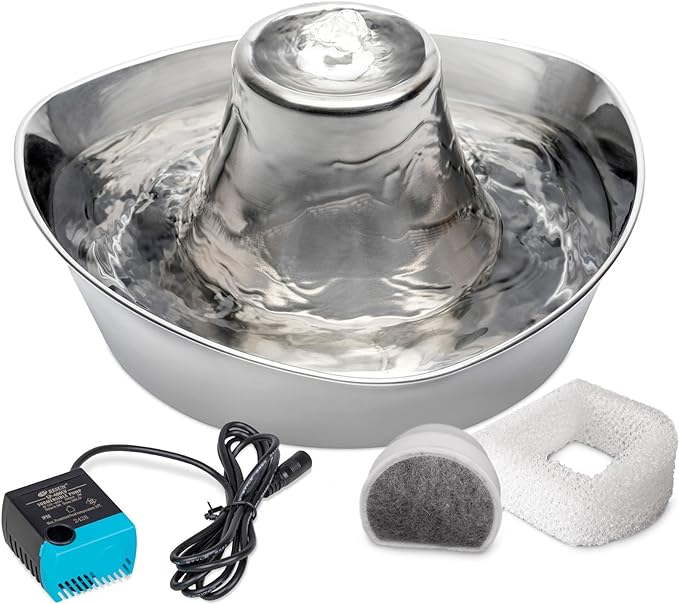 PetSafe Seaside Stainless Cat & Dog Fountain - 2 Water Filters & 1 Pump Included - Tower Creates Soothing Flow for Pets - Scratch- and Rust-Resistant Material Inhibits Pet Acne - 60 Oz Water Capacity