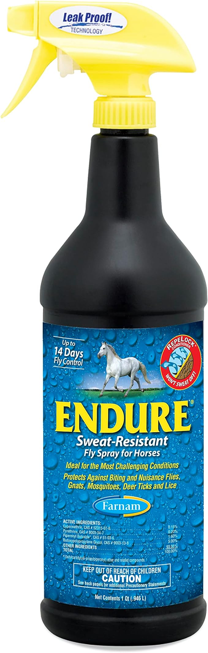 Farnam Endure Sweat-Resistant Horse Fly Spray, Kills, Repels, Protects, 32 Ounces, Quart Spray