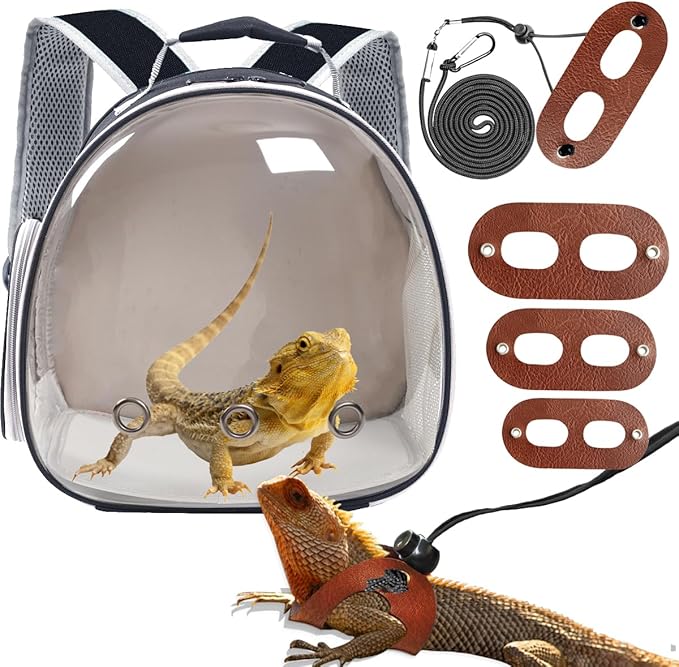 Bearded Dragon Travel Backpack Carrier with Harness and Leash Set,Lizard Backpack Carrier,Space Capsule Clear Bubble Window Astronaut Reptile Carrier Backpack,Bearded Dragon Leash,Airline Approved