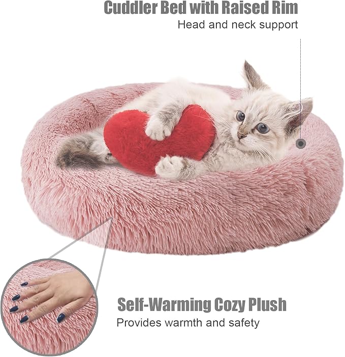 Aurako Cat Bed Dog Bed Round Cushion Pet Bed Mat Ultra Soft Plush Donut Sofa Comfortable Pillow Machine Washable Pet Cuddle Beds for Kitten Small Medium Large Dogs Cats 16" Rose Red