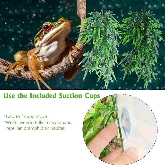 Hamiledyi 3 Pack Reptile Plants Terrarium Hanging Plant Artificial Leaves Reptile Hide with Suction Cup for Bearded Dragon Hermit Crab Lizard Snake Geckos Chameleon