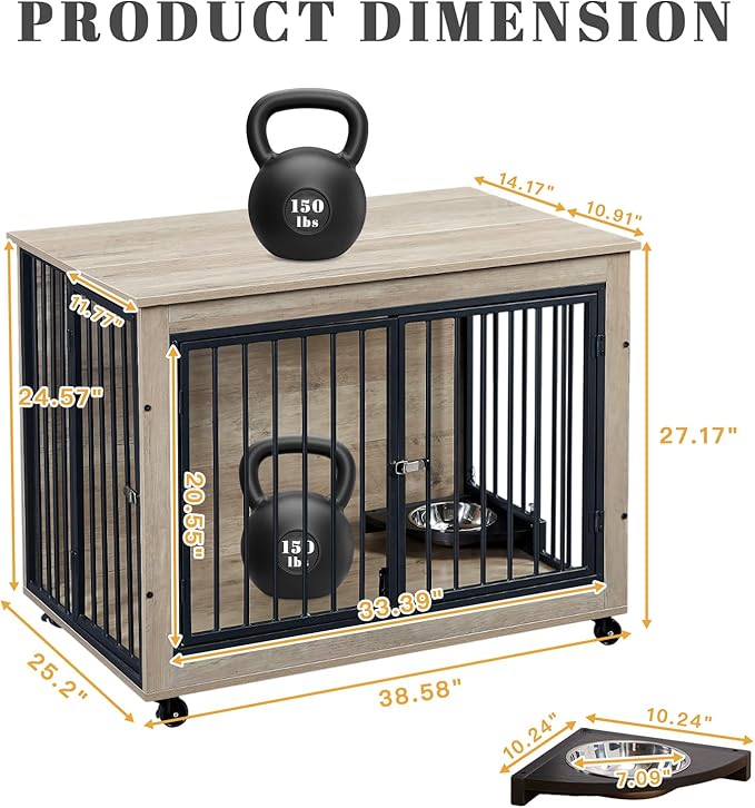 39 Inch Large Wooden Dog Crate Furniture with 180° Rotatable Bowl, Grey Multi-Functional Dog Crate End Table with Wheels, Furniture Dog Crate for Large Dogs with Flip-up Top Opening