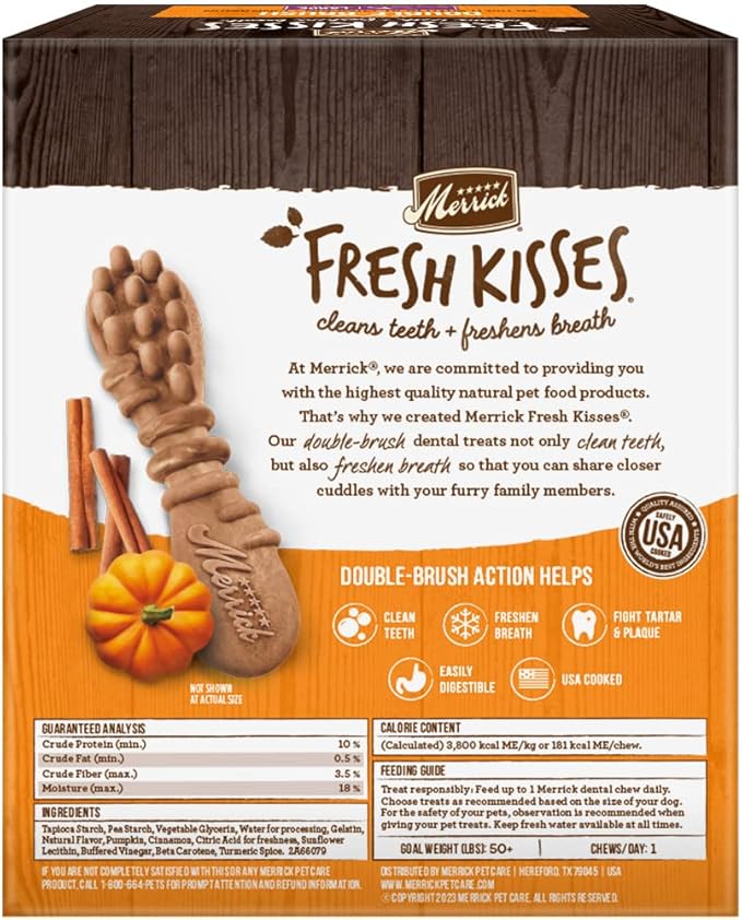 Merrick Fresh Kisses Natural Dental Chews, Treats Infused With Pumpkin And Cinnamon For Large Dogs Over 50 Lbs - 23 oz. Bag