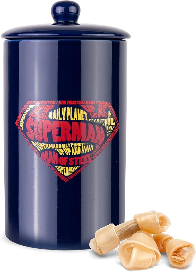 DC Comics Superman Logo Pattern Treat Jar | 10"x 5" Dog Treat Jar with Lid | Dishwasher Safe Superman Dog Food Storage Container Cylinder for Dog Treats