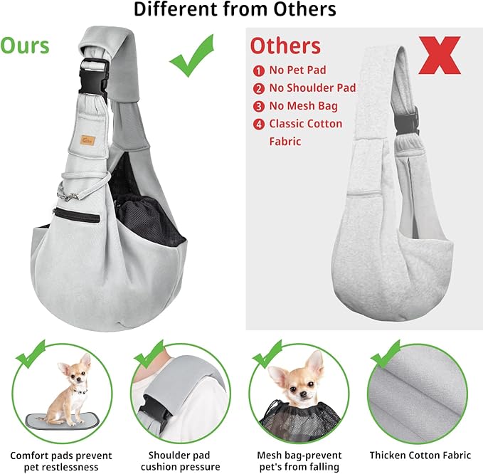 CUBY Dog and Cat Sling Carrier - Hands Free Reversible Pet Papoose Bag - Soft Pouch and Tote Design - Suitable for Puppy, Small Dogs Cats Outdoor (Grey Senior, Adjust Strap 2.0)