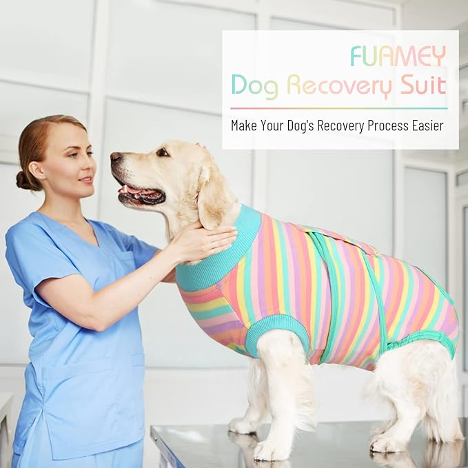FUAMEY Recovery Suit for Dogs After Surgery,Soft Breathable Dog Bodysuit E-Collar & Cone Alternative Surgical Suit,Male Female Dog Neuter Spay Suits Anti Licking Wounds Onesie Mint Green Stripes XS