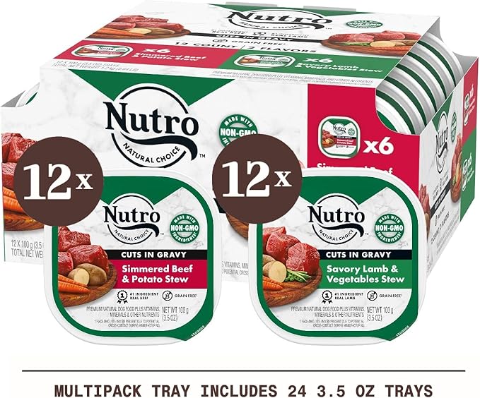 NUTRO Adult Natural Grain Free Wet Dog Food Cuts in Gravy Tender Chicken, Sweet Potato & Pea Stew Recipe and Roasted Turkey, Potato & Pea Stew Recipe Variety Pack, 3.5 oz. Trays (Pack of 24)