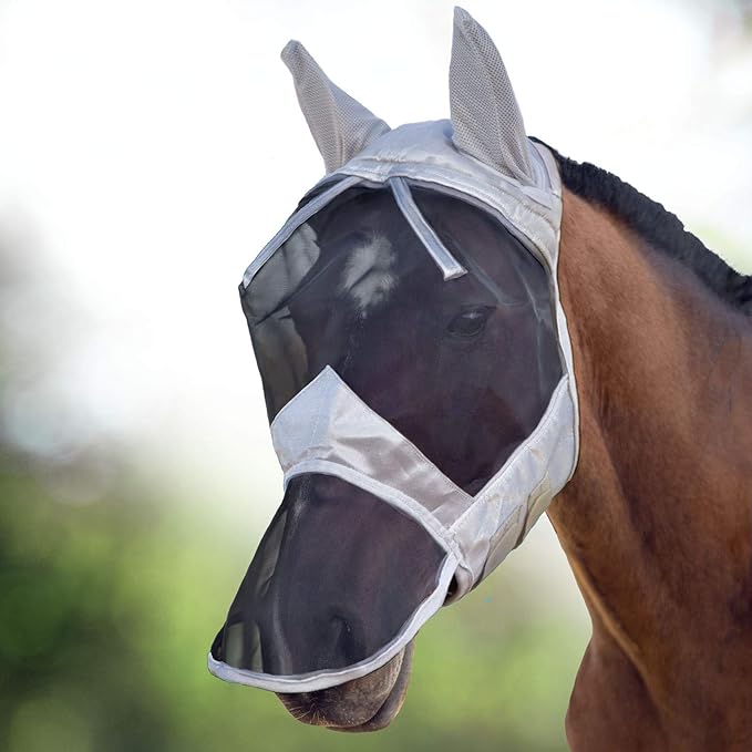 Harrison Howard CareMaster Horse Fly Mask Long Nose with Ears Full Face Silver/Black Retro XL Extra Full Size