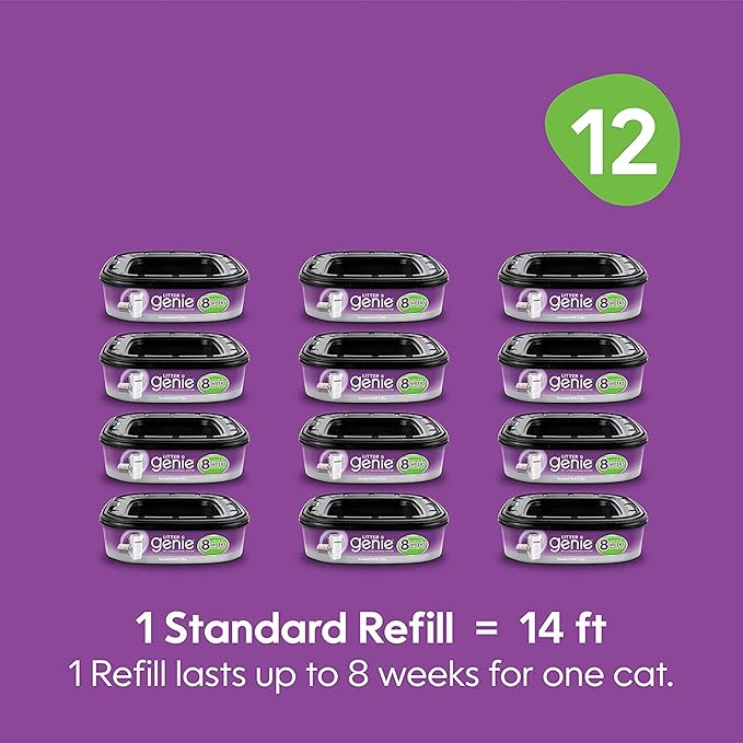 Litter Genie Ultimate Cat Litter Disposal System Refills, Lock Away Odors, Purple ,12 Cartridges