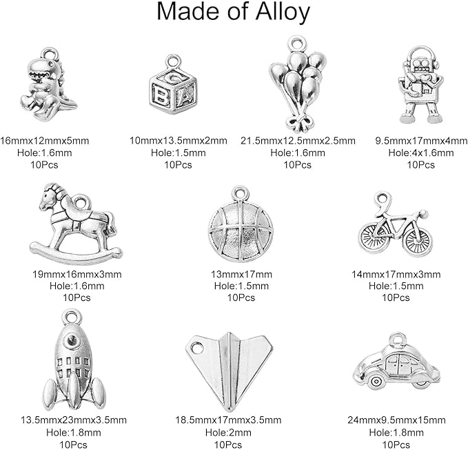 Stiesy 100 Pcs Toy Themed Tibetan Alloy Charms Car Balloon Dinosaur Robot Horse Basketball Charms for Men Women Bracelets Necklaces Jewelry Making