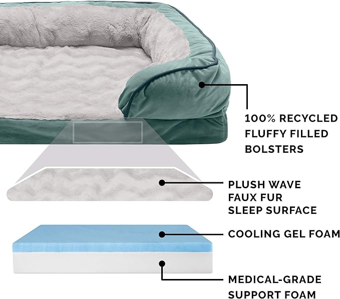 Furhaven Cooling Gel Dog Bed for Large Dogs w/ Removable Bolsters & Washable Cover, For Dogs Up to 95 lbs - Plush & Velvet Waves Perfect Comfort Sofa - Celadon Green, Jumbo/XL, 40.0" x 32.0"x 9.5"