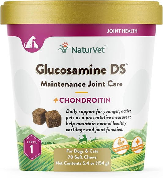 NaturVet Glucosamine DS Level 1 Maintenance, Joint Care Support Supplement for Dogs and Cats, Soft Chews, Made in The USA