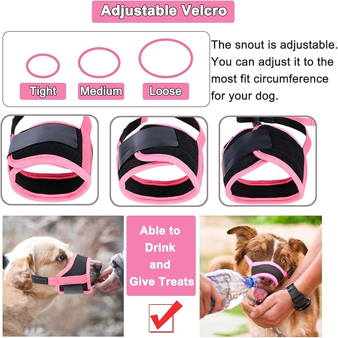 LUCKYPAW Dog Muzzle Anti Biting Barking and Chewing with Comfortable Mesh Soft Fabric and Adjustable Strap, Suitable for Small, Medium and Large Dogs(Pink Trim,M)