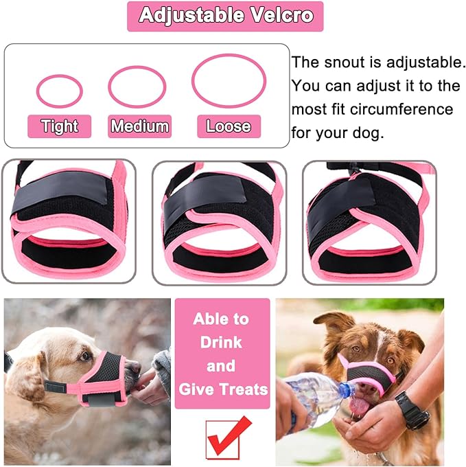 LUCKYPAW Dog Muzzle Anti Biting Barking and Chewing with Comfortable Mesh Soft Fabric and Adjustable Strap, Suitable for Small, Medium and Large Dogs(Pink Trim,XL)