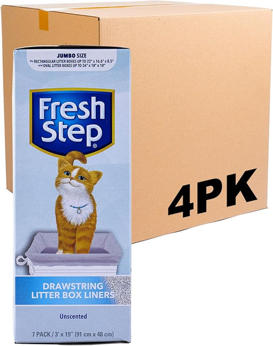 Fresh Step Drawstring Large Litter Box Liners | Heavy Duty Liners for Cat Litter Box | Scented & Unscented Available | Quick & Easy Cleanup, Unscented, Jumbo, 28 Count, 4 Pack