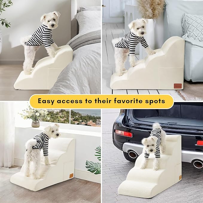 Dog Stairs for Small Dogs, JYpawsiepal dog steps for High Bed and Couch, Pet Ramp with High Density Foam, Non-Slip Balanced Indoor Pet Step,4 Steps Pet Stairs cream