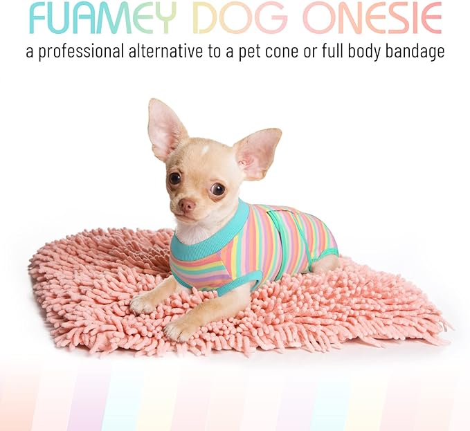 FUAMEY Recovery Suit for Dogs After Surgery,Soft Breathable Dog Bodysuit E-Collar & Cone Alternative Surgical Suit,Male Female Dog Neuter Spay Suits Anti Licking Wounds Onesie Mint Green Stripes XS