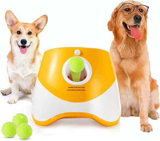 Automatic Ball Launcher for Dogs ，Interactive Dog Ball Thrower Adjustable Distance 10-30ft Tennis Ball Thrower Including 2-inch Small Sized Tennis Balls (Orange-3 Balls)