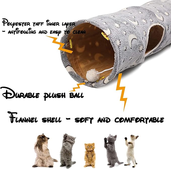 LUCKITTY Cat Tunnel Tube with Plush Ball Toys Collapsible Self-Luminous Photoluminescence, for Small Pets Bunny Rabbits, Kittens, Ferrets,Puppy and Dogs Grey Moon Star (S-Shape)