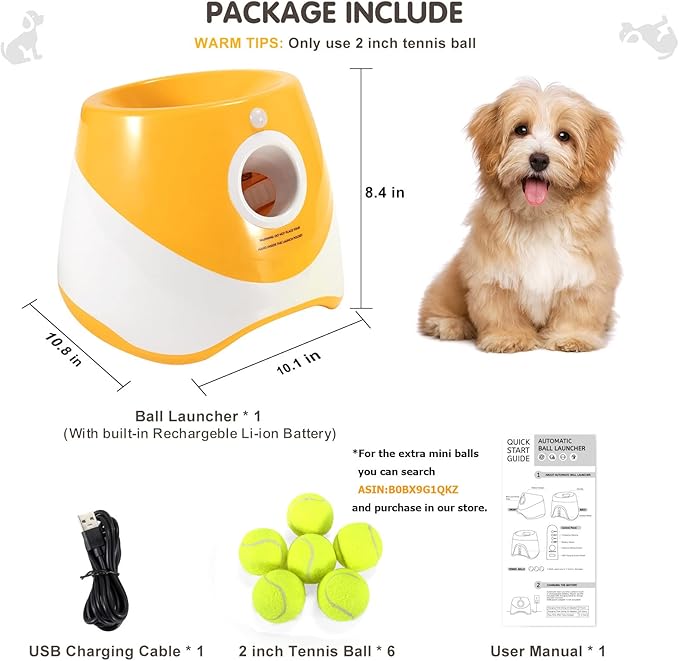 SOCO Automatic Ball Launcher for Small and Medium Dogs, USB Rechargeable Ball Thrower,10-30 Ft, Indoor& Outdoor Tennis Ball Thrower, 6PCS Mini Tennis Balls Included,Orange