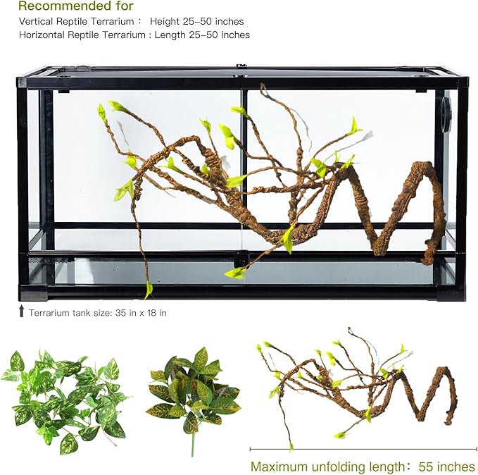 Reptile Terrarium Decor Plants, Hanging Vines, Fake Plants for Reptile Enclosure, Ideal for Chameleon Bearded Dragon Lizard Gecko Tank Accessories (Large Reptile Branch Vine and Plants)