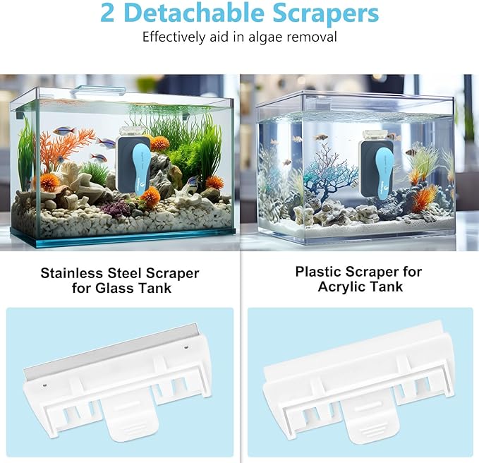 Aquarium Magnetic Glass Cleaner, Fish Tank Algae Magnet Cleaning Tool with Algae Scraper for Glass Aquariums Tank, Floating Scrubber Brush, 2 Detachable Scrapers, Medium