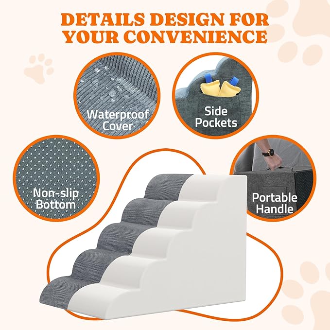 Dog Stairs for Small Dogs: Pawtners 5 Steps Dog Ramp for High Bed, Foam Pet Stairs with for Large Cat and Medium Dogs, Extra Wide Dog Steps for Dogs to Get on Bed for Couch Car Bed Sofa Grey