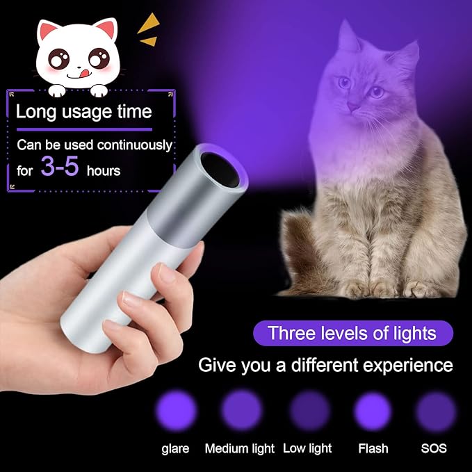 365nm Flashlight Black Light,Portable Handheld Cat Ringworm Detector lamp,for Dog Cat Care and Resin Curing(Silver White)