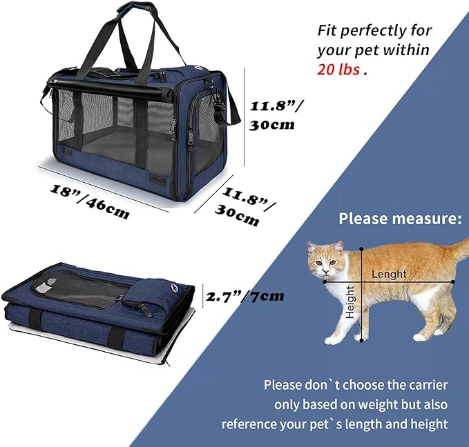 Medium Cat Carrier for Large Cat 15 lbs+ Soft Pet Carrier Small Puppy/Ventilated 2 Kittens Car Travel Bag Case/Comfy Big Cat 25 Pounds/Soft-Sided Mesh Cat Products Dark Blue