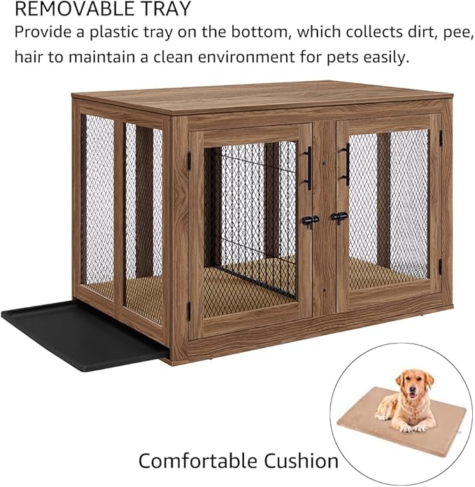 unipaws XL Furniture Dog Crate for Large Dogs with Tray and Divider, Extra Large Indoor Aesthetic Kennel Pet House Dog Cage for 2 Dogs, Wood Pretty Cute Fancy End Side Table Nightstand, Walnut