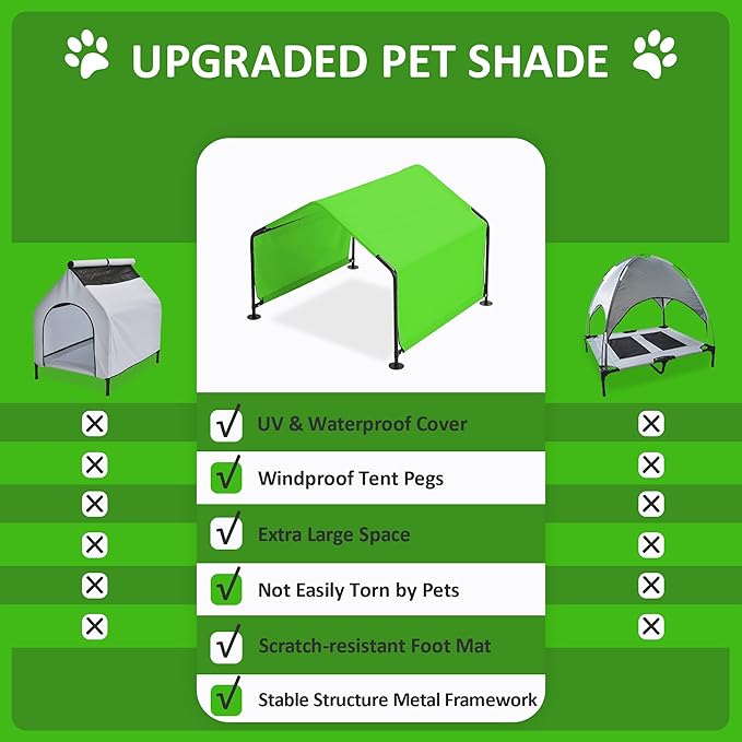 Dog Shade Shelter Outdoor Green Tent for Large Medium Dogs, 4'x4'x3' Outside Sun Rain Canopy Pet House for Cats Pigs Livestock with Waterproof Roof Ground Nails