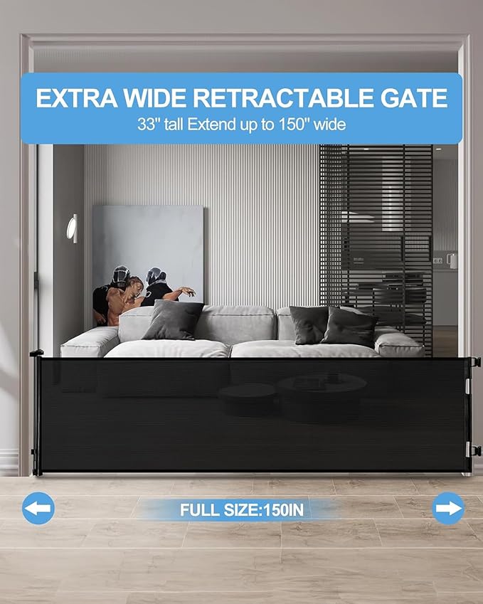 Retractable Baby Gate,Mesh Baby Extra Wide Gate,Extra Long Dog Gate,33" Tall,Large Extends up to 150" Wide,Child Safety Extra Large Gate for Doorways, Stairs, Indoor/Outdoor（Black,33"x150"）