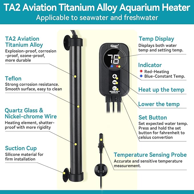 hygger Marine Aquarium Heater 500W,Titanium Heater with Digital LED Controller & Temperature Probe,Submersible Fish Tank Heater with Temperature Calibration,for Saltwater Freshwater Tank 70-80Gallon
