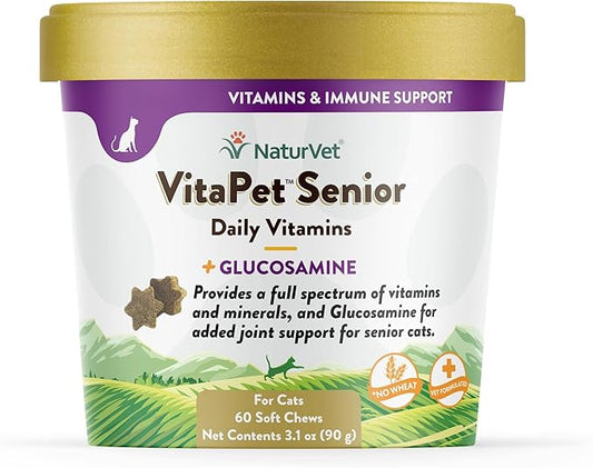 NaturVet VitaPet Senior Daily Vitamins for Cats Plus Glucosamine, Specifically Formulated to Provide Essential Minerals, 90 g, 60 Count