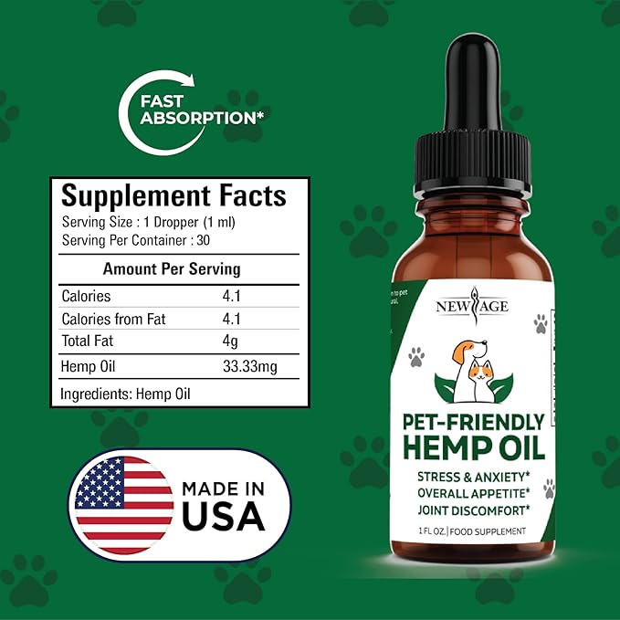 Natural Hemp Oil for Dogs and Cats by NEW AGE - Dog Calming Aid - Supports Hip and Joint Health, Mobility, Immunity - Pet Hemp Oil Rich in Omega 3, 6, 9 – 2 Pack