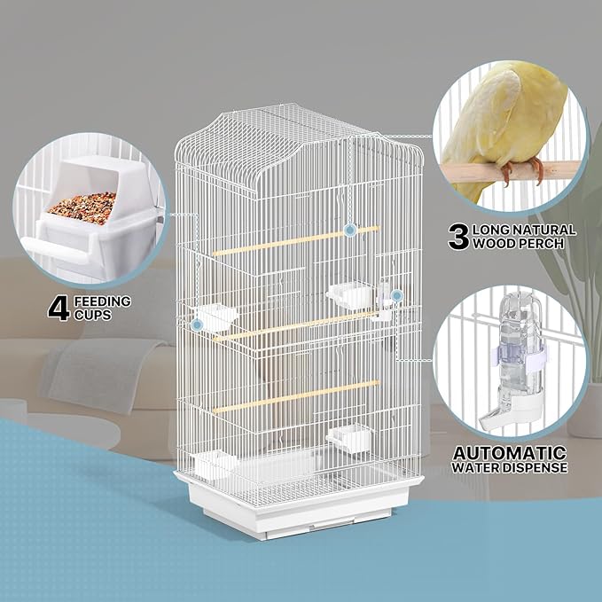 MoNiBloom 61 Inch Bird Cage with Detachable Rolling Stand, Large Flight Cage with Side-Out Tray for Parakeets Canaries Cockatiels Lovebirds Conures, White