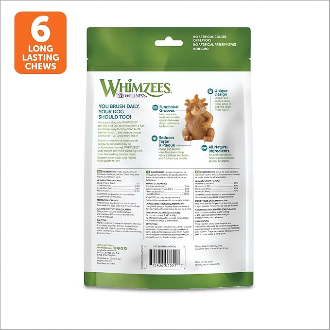 WHIMZEES by Wellness Hedgehog Natural Dental Chews for Dogs, Long Lasting Treats, Grain-Free, Freshens Breath, Large Breed, 6 Count