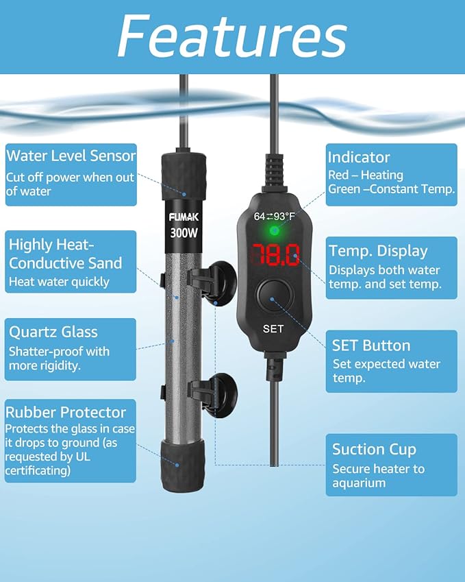 Kulife Fumak 300W Adjustable Aquarium Heater Super Short Submersible Fish Tank Heater Fish Heater with LED Digital Display Thermostat, for Tanks 40-60 Gallons