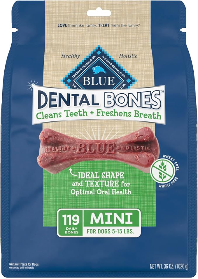 Blue Buffalo Dental Bones Mini Natural Dental Chew Dog Treats, (5-15 lbs) 36-oz Bag