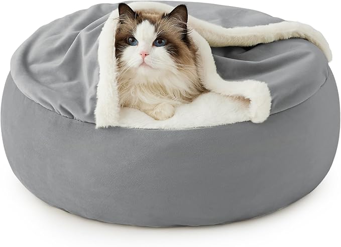 Lesure Cat Bed with Cover Cave - Covered Round Kitten Bed with Hooded Blanket, Machine Washable Burrow Pet Bed for Indoor Cats, Extra Small Cuddler Cozy Cave Puppy Bed with Anti-Slip Bottom, Grey 20"