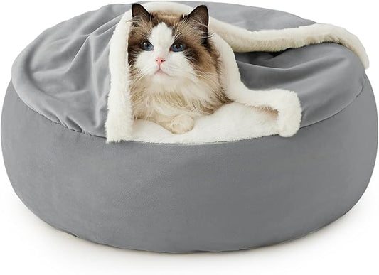 Lesure Cat Bed with Cover Cave - Covered Round Kitten Bed with Hooded Blanket, Machine Washable Burrow Pet Bed for Indoor Cats, Extra Small Cuddler Cozy Cave Puppy Bed with Anti-Slip Bottom, Grey 20"