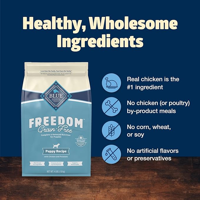 Blue Buffalo Freedom Grain-Free Puppy Dry Dog Food With DHA, Complete & Balanced Nutrition for Puppies, Made in the USA With Natural Ingredients, Chicken & Potatoes, 4-lb. Bag