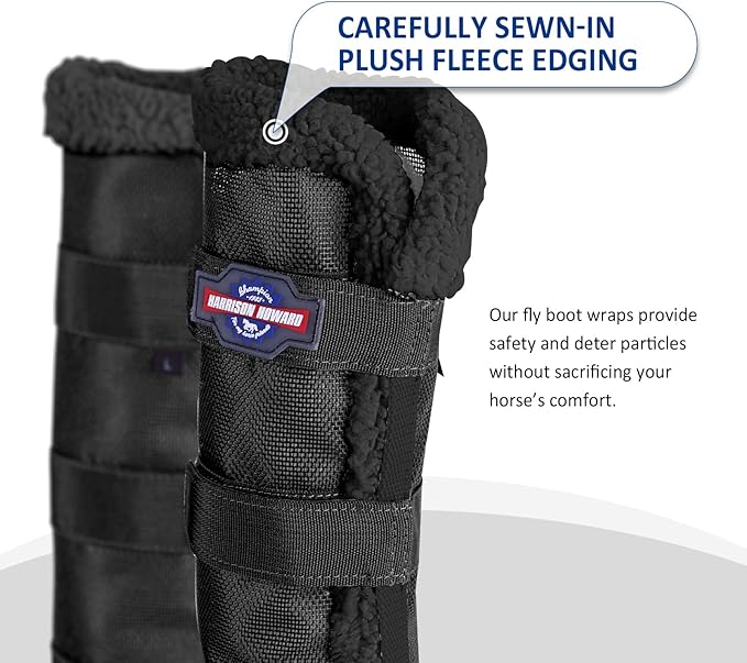 Harrison Howard Horse Fly Boots Summer Protection with Fleece Trim to Eliminate Rubbing Comfortable and Ventilating Mesh Leg Guards Set of 4 Classic Black M