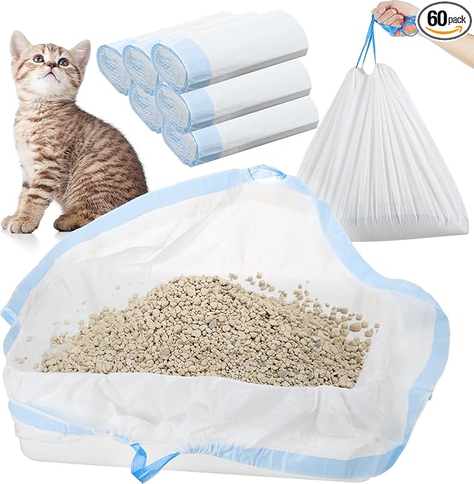 Thenshop 60 Count Litter Box Liners 36'' x 18'' Jumbo Cat Pan bags Drawstring Cat Supplies Extra Large Disposable Cat Litter Bags Cat Box Liners for Trash Waste Litter Box Tidy (Light Blue)