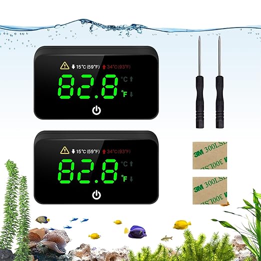 Digital Aquarium Thermometer, Stick-on Fish Tank Thermometer with LED Display, Wireless Aquarium Temperature Measurement with Battery-change Tool and Extra Sticker.(Black*2)