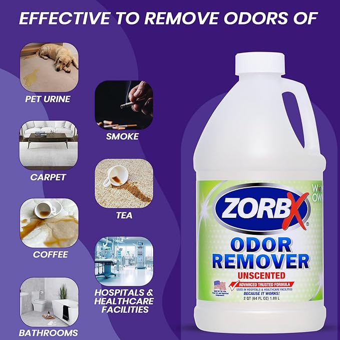 ZORBX Unscented Odor Eliminator for Strong Odor - Used in Hospitals & Healthcare Facilities | Advanced Trusted Formula, Fast-Acting Odor Remover Spray for Dog, Cat, House & Carpet (64 oz)